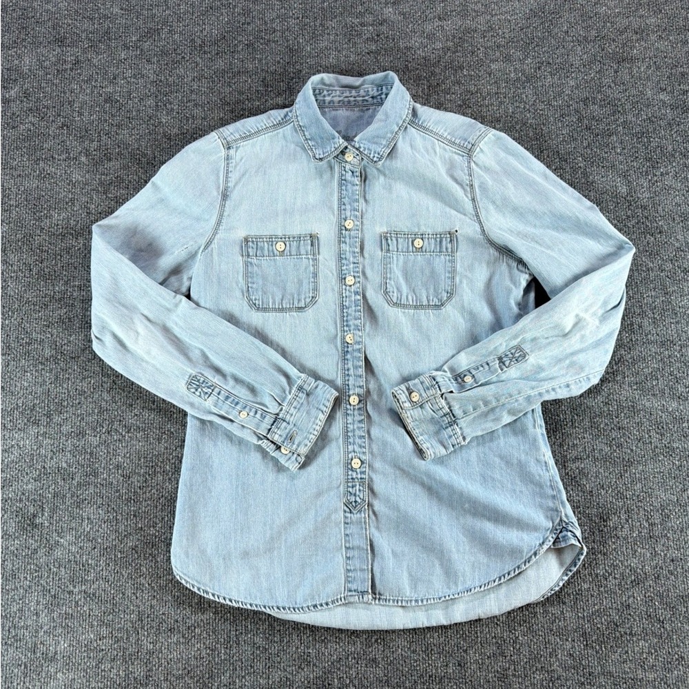 Bullhead Black Women Light Wash Denim Button Down Shirt Small Long Sleeve Cotton
